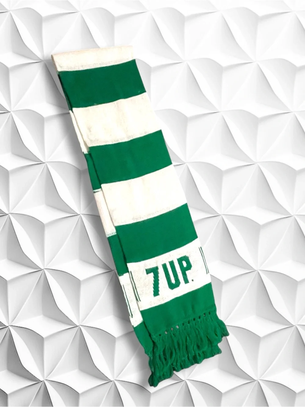 Vintage 7-Up Striped Knit Scarf Green White Fringed Retro 70s 80s Soda Promo